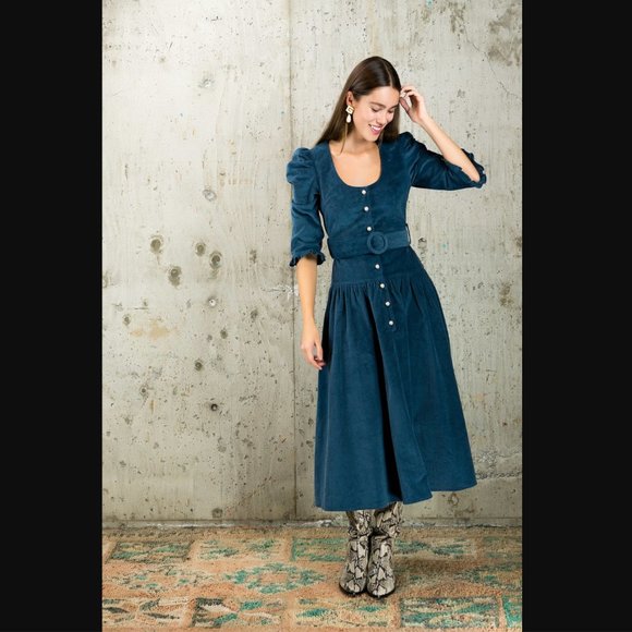 KRISTINIT corduroy midi dress XS/Small puff sleeve - Picture 2 of 8